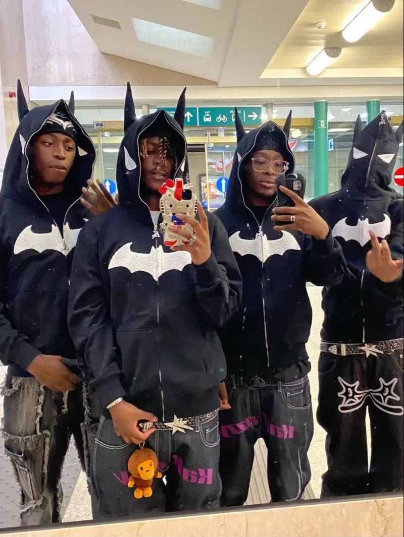 Y2K zip up hoodie Gothic Embroidery Bat anime hoodie Top