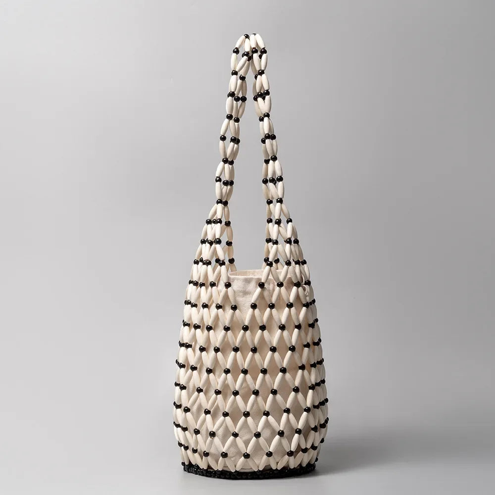 Women Hand Bag Summer Design Hollow-out Wooden Bead