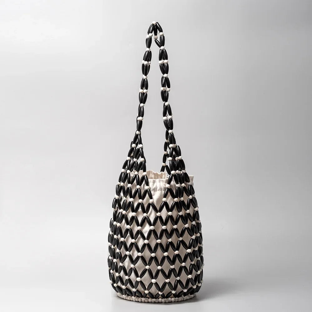 Women Hand Bag Summer Design Hollow-out Wooden Bead