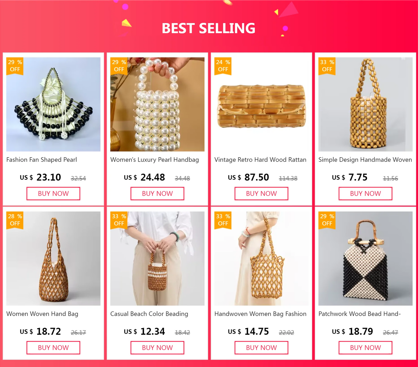 Women Hand Bag Summer Design Hollow-out Wooden Bead