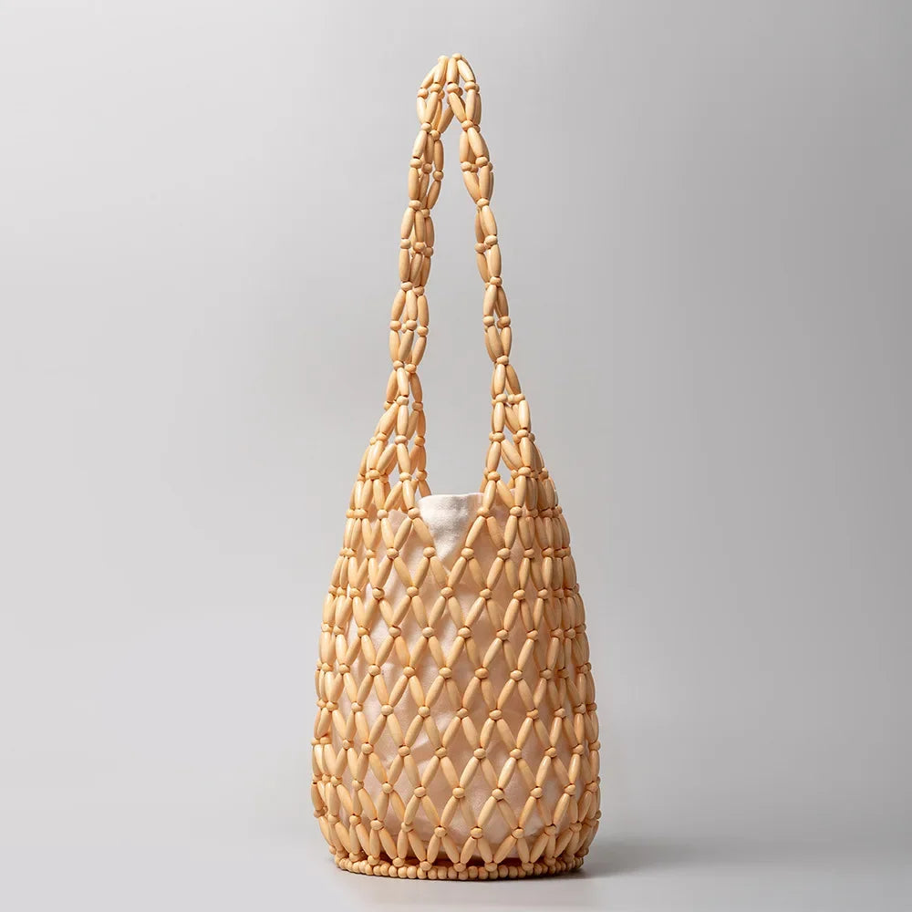 Women Hand Bag Summer Design Hollow-out Wooden Bead