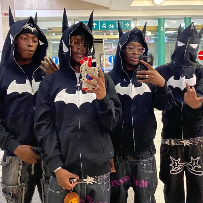 Y2K zip up hoodie Gothic Embroidery Bat anime hoodie Top