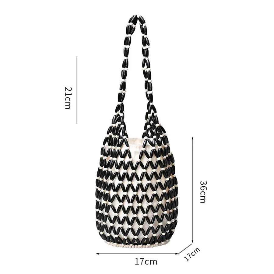 Women Hand Bag Summer Design Hollow-out Wooden Bead