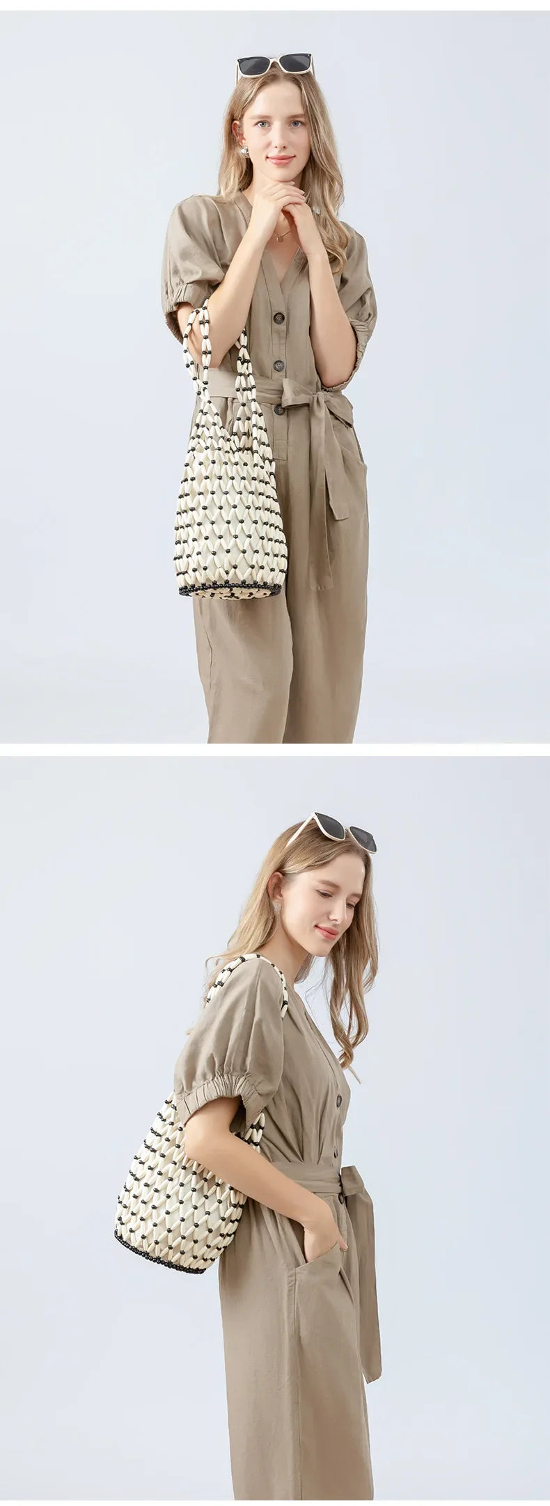 Women Hand Bag Summer Design Hollow-out Wooden Bead