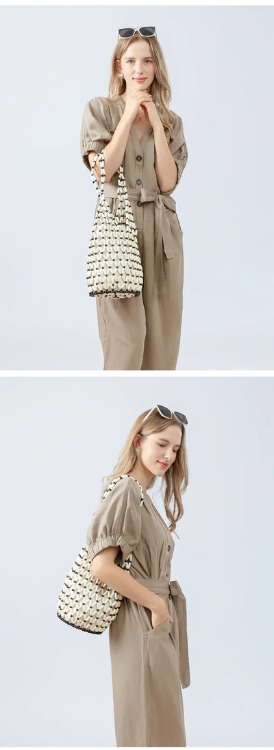 Women Hand Bag Summer Design Hollow-out Wooden Bead