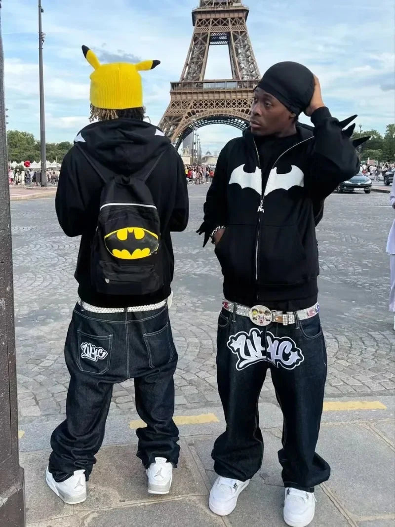 Y2K zip up hoodie Gothic Embroidery Bat anime hoodie Top