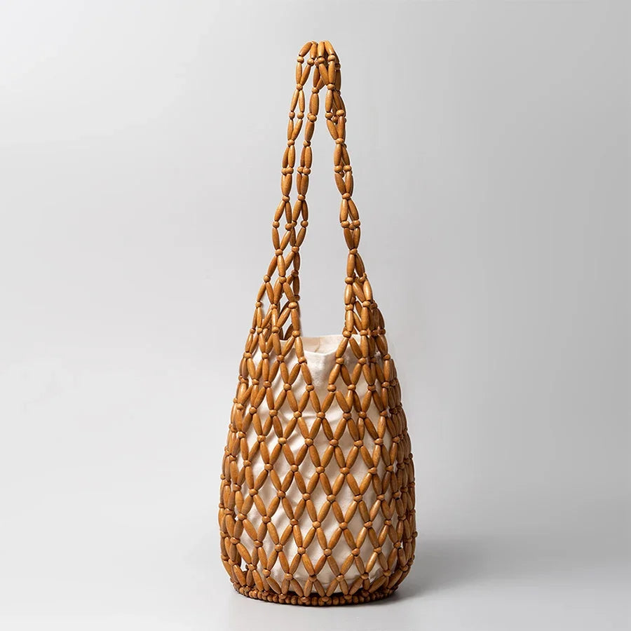 Women Hand Bag Summer Design Hollow-out Wooden Bead